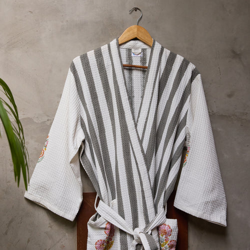 Malabar Grey Stripe Cotton Bathrobe-Bath robes-House of Ekam