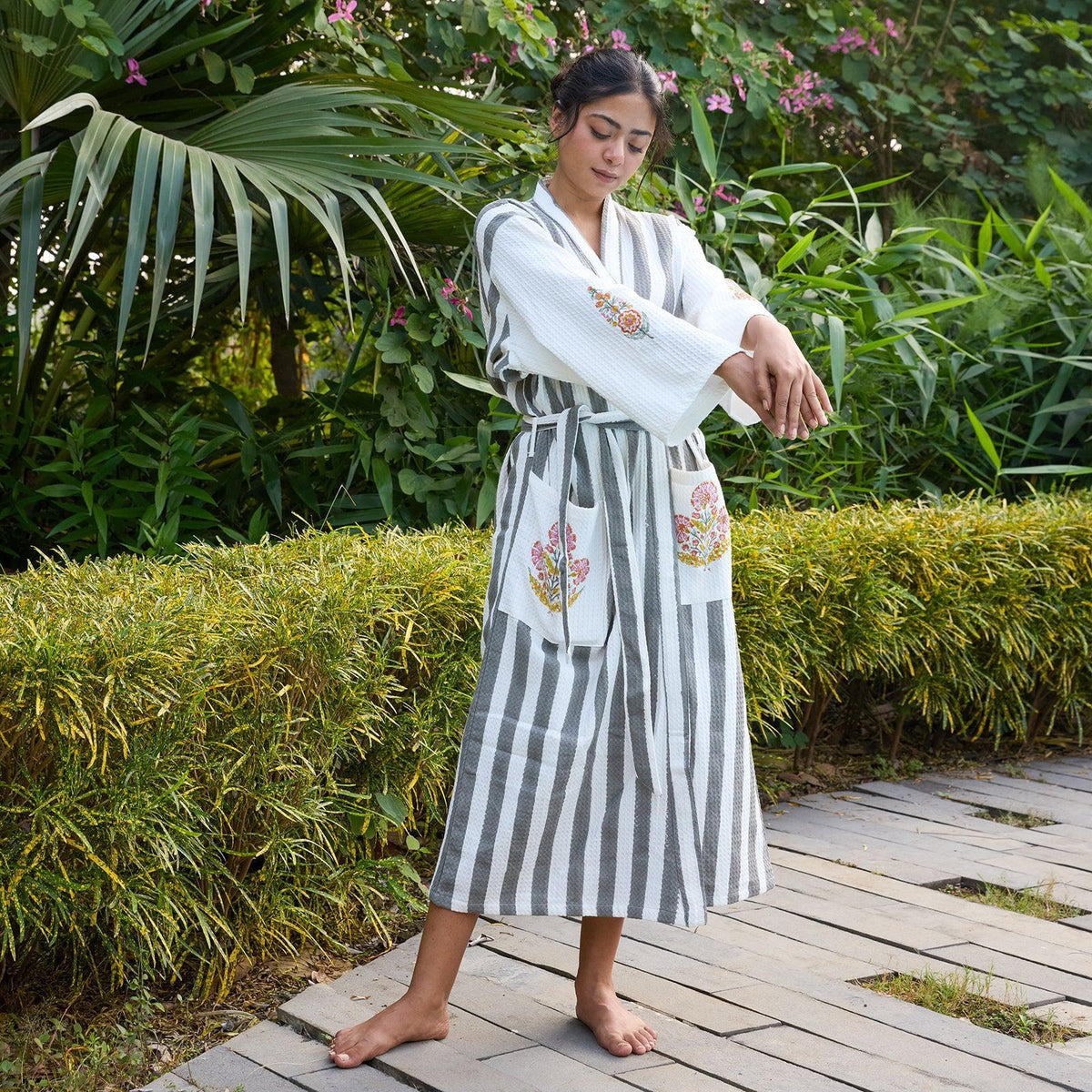 Malabar Grey Stripe Cotton Bathrobe-Bath robes-House of Ekam