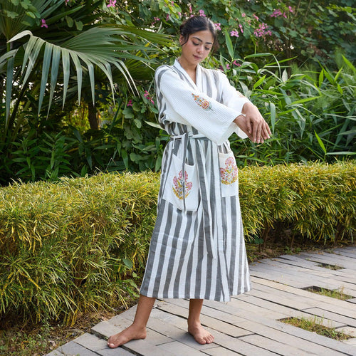 Malabar Grey Stripe Cotton Bathrobe-Bath robes-House of Ekam