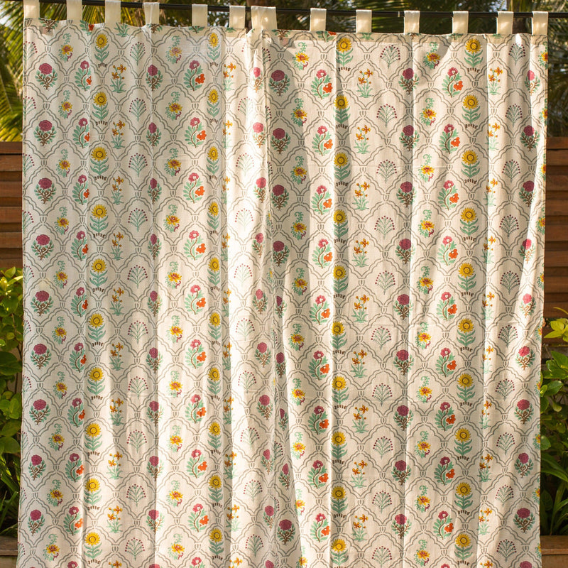Mihrab Multi Buti Blockprint Cotton Slub Curtain-Curtains-House of Ekam