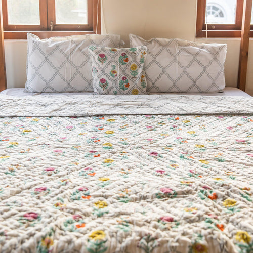 Mihrab Multicolor Buti Double Bed Quilt Set-Quilt sets-House of Ekam