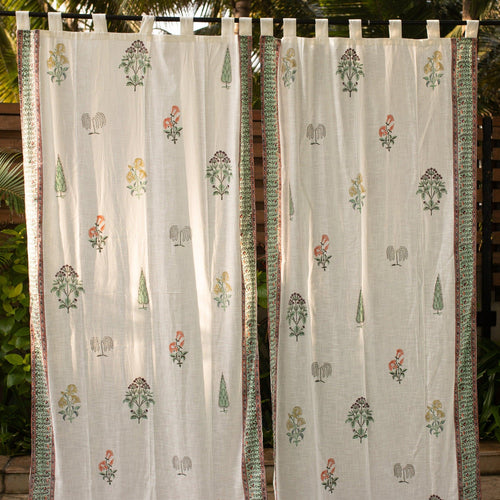 Mughal Garden Blockprint Cotton Slub Curtain-Curtains-House of Ekam