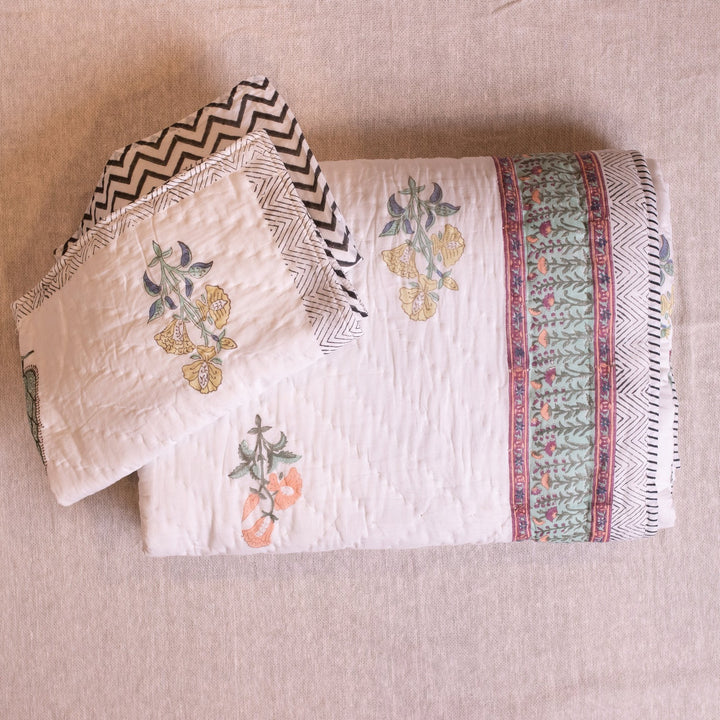 Mughal Garden Delhi Double Bed Quilt Set-Quilt sets-House of Ekam