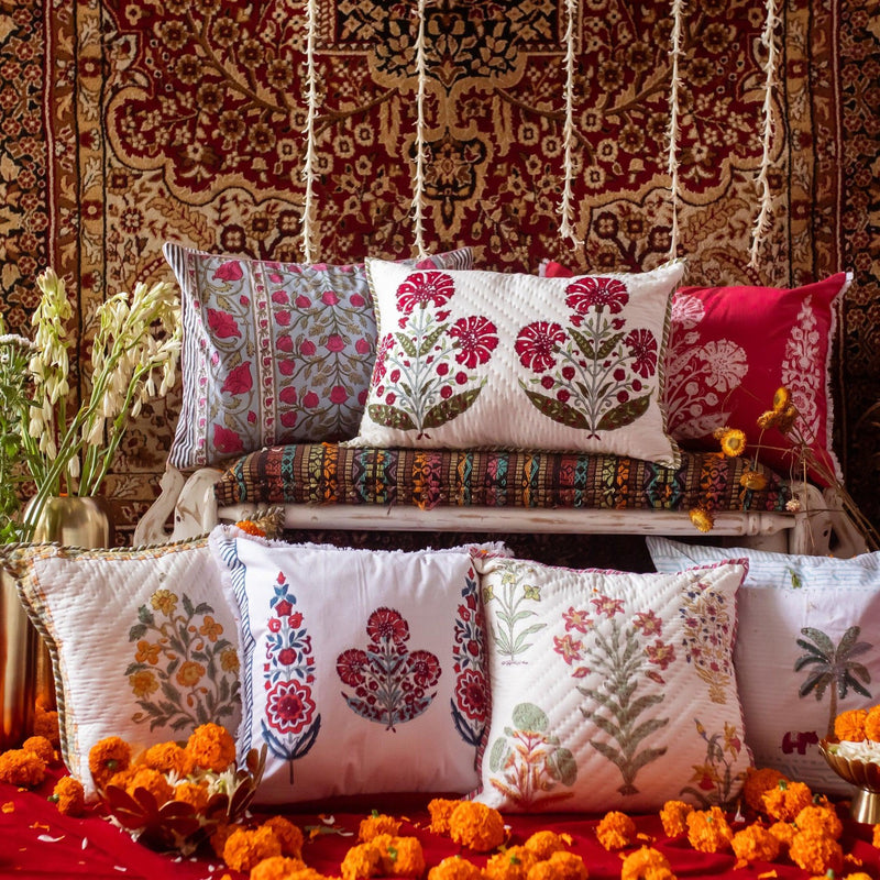 Mughal Red Poppy Pique Cushion Cover-Cushion Covers-House of Ekam