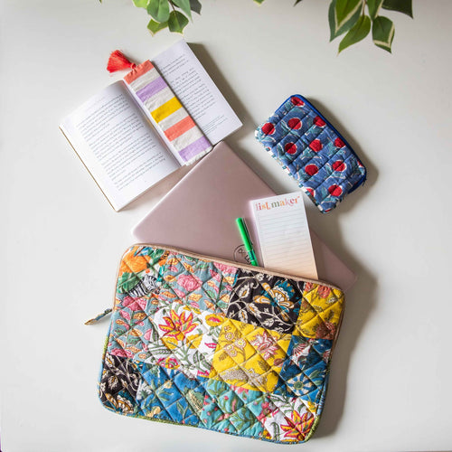 Multi Color Blockprinted Patchwork Laptop Sleeve-Laptop Sleeves-House of Ekam