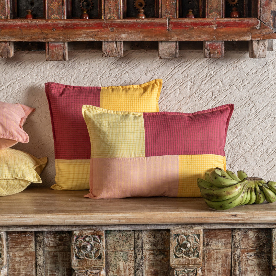 Multi Patch Checks Venkatagiri Cotton Handloom Cushion Cover-Cushion Covers-House of Ekam