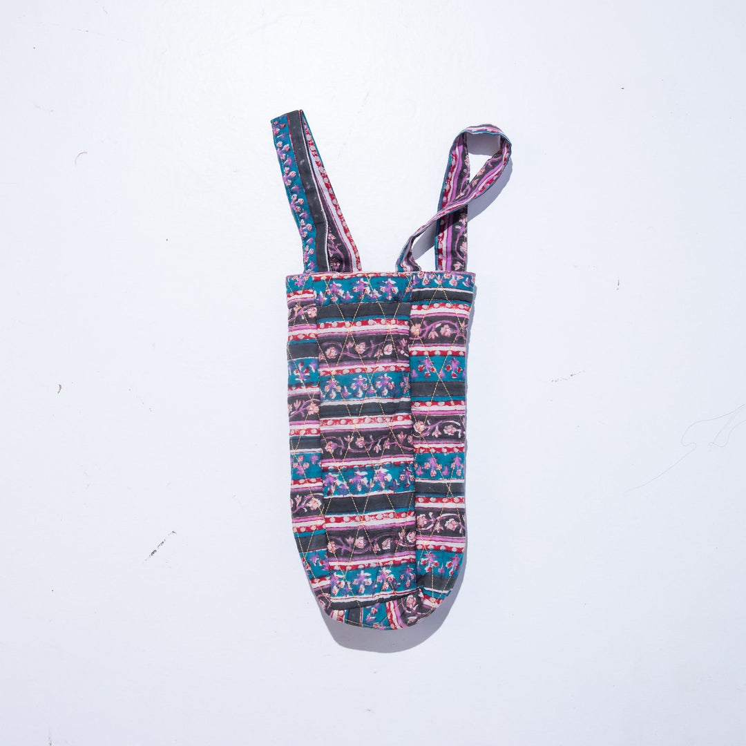 Multicolor Floral Stripe Blockprinted Wine Bottle Bag-Wine Bottle Bag-House of Ekam