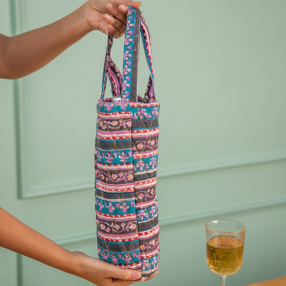 Multicolor Floral Stripe Blockprinted Wine Bottle Bag-Wine Bottle Bag-House of Ekam