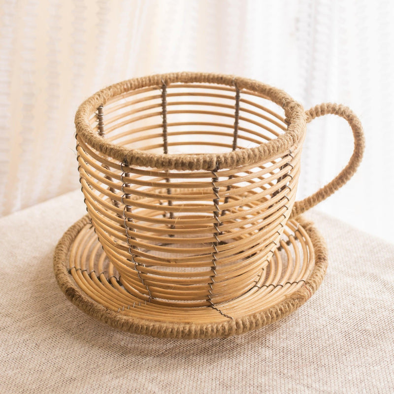 Multipurpose Beige Tea Cup Rattan Planter-Planters-House of Ekam