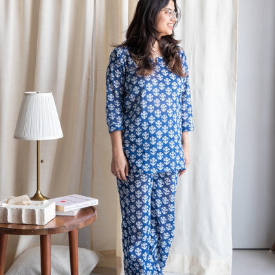 Neela Cosmos Floral Blockprinted Loungewear Pyjama Set-loungewear-House of Ekam