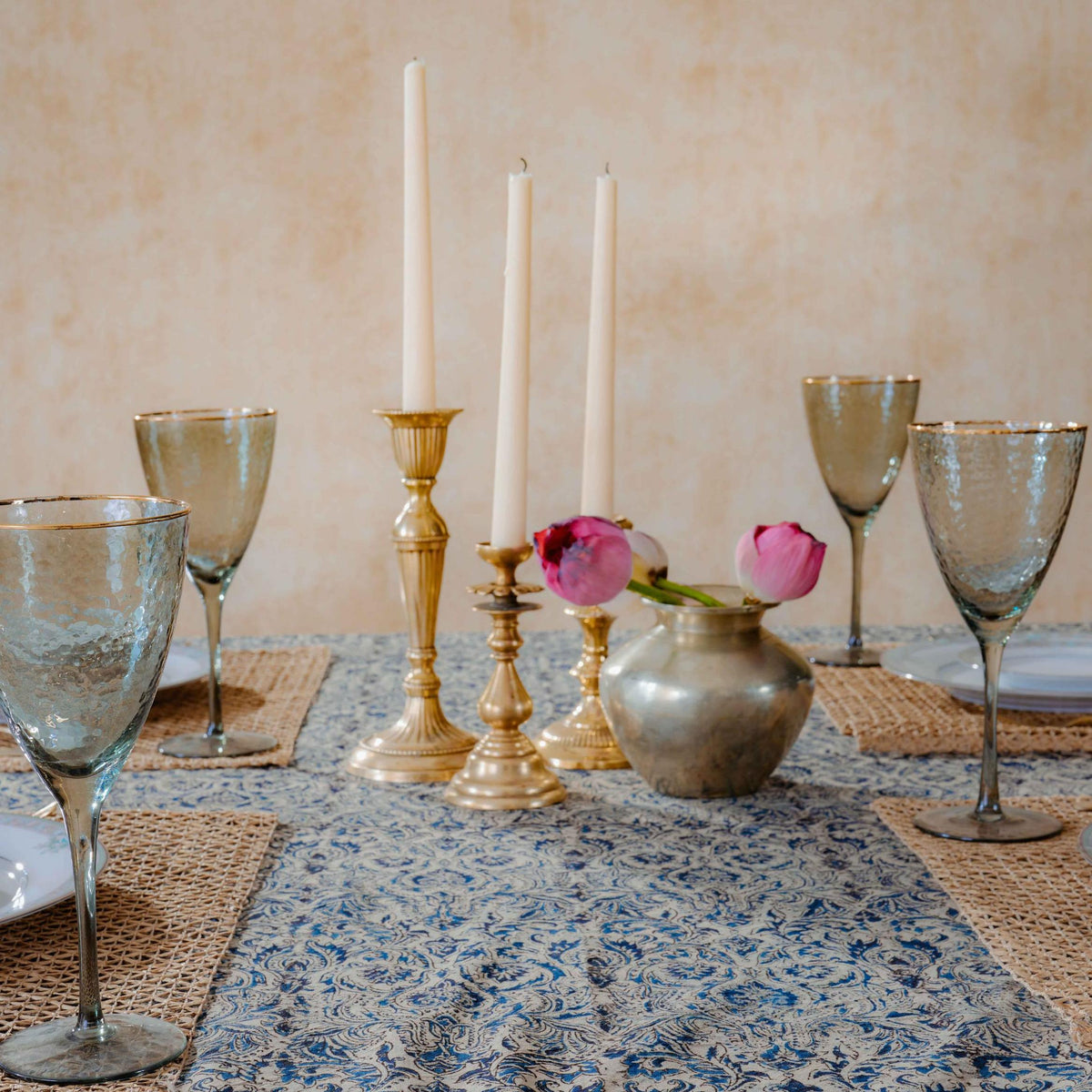 Neelam Damask Kalamkari Handblockprinted Table Cloth-Table Runners-House of Ekam