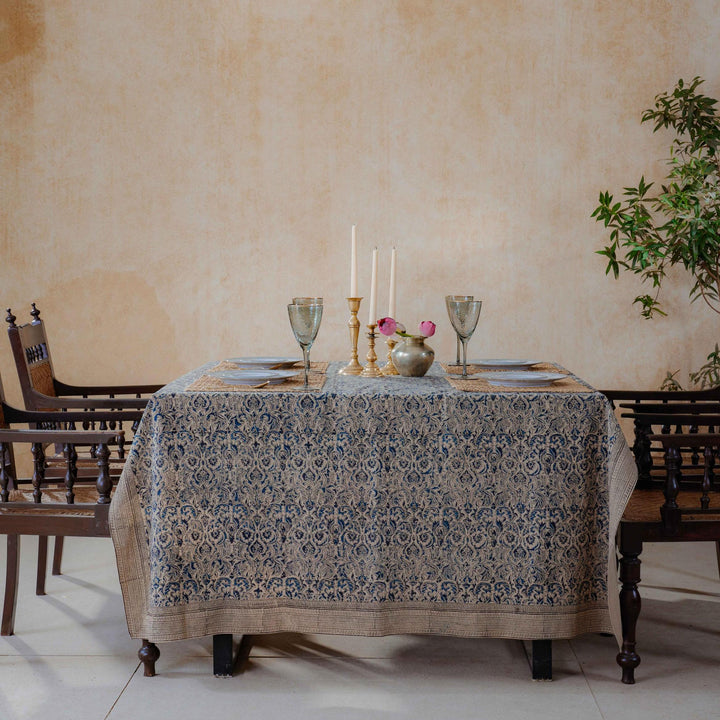 Neelam Damask Kalamkari Handblockprinted Table Cloth-Table Runners-House of Ekam