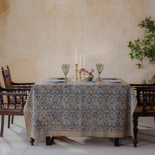 Neelam Damask Kalamkari Handblockprinted Table Cloth-Table Runners-House of Ekam