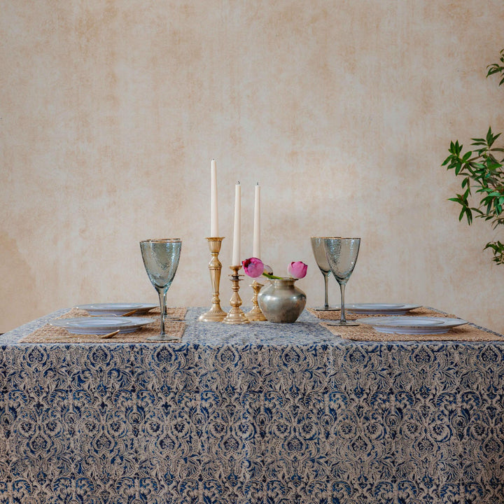 Neelam Damask Kalamkari Handblockprinted Table Cloth-Table Runners-House of Ekam
