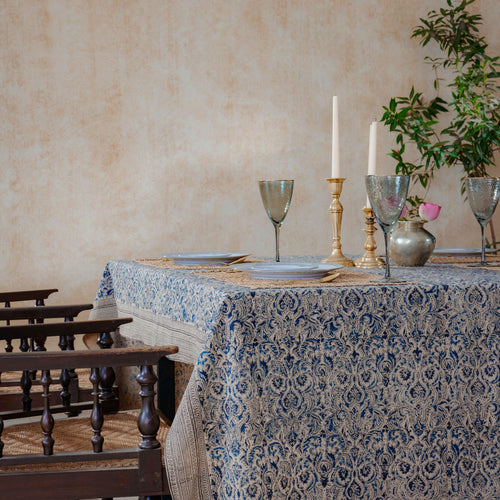 Neelam Damask Kalamkari Handblockprinted Table Cloth-Table Runners-House of Ekam