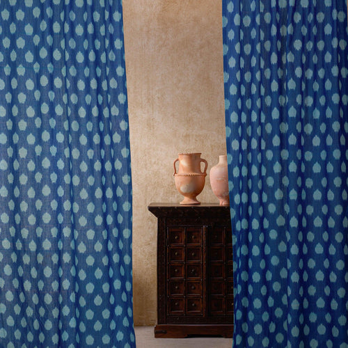 Neerja Blue and White Ikat Handloom Curtain-Curtains-House of Ekam