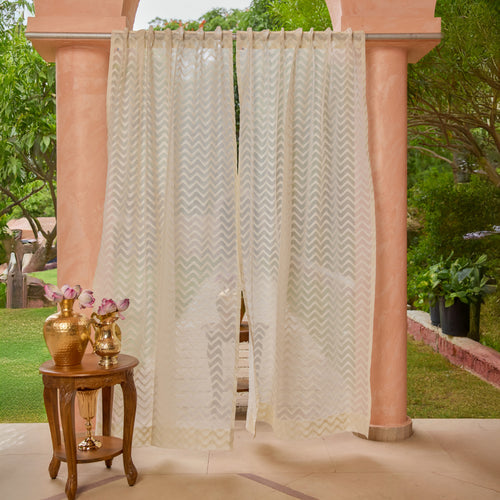 Off-White Chevron Banarsi Curtain-Curtains-House of Ekam
