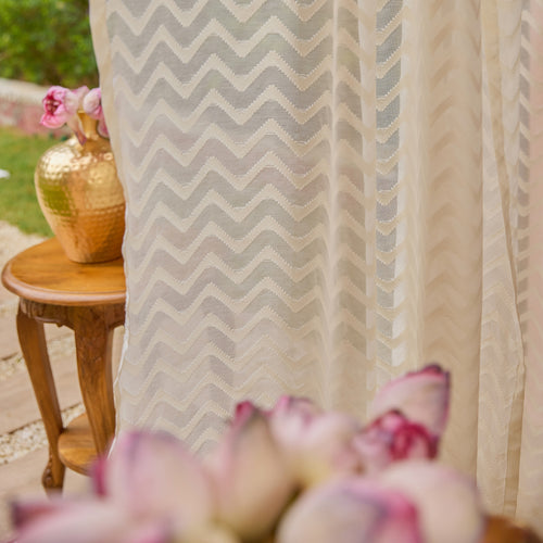 Off-White Chevron Banarsi Curtain-Curtains-House of Ekam