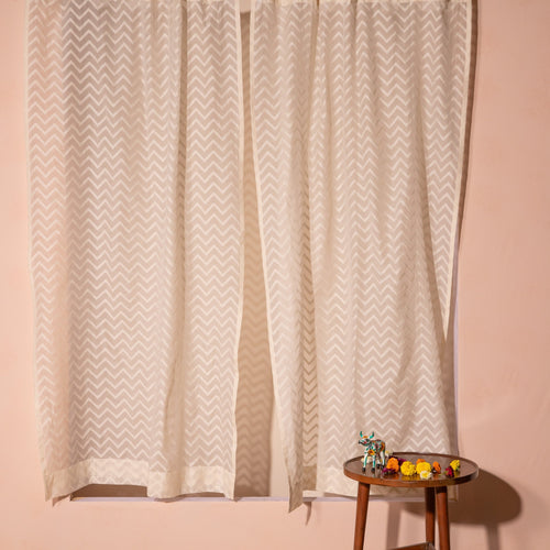 Off-White Chevron Banarsi Curtain-Curtains-House of Ekam