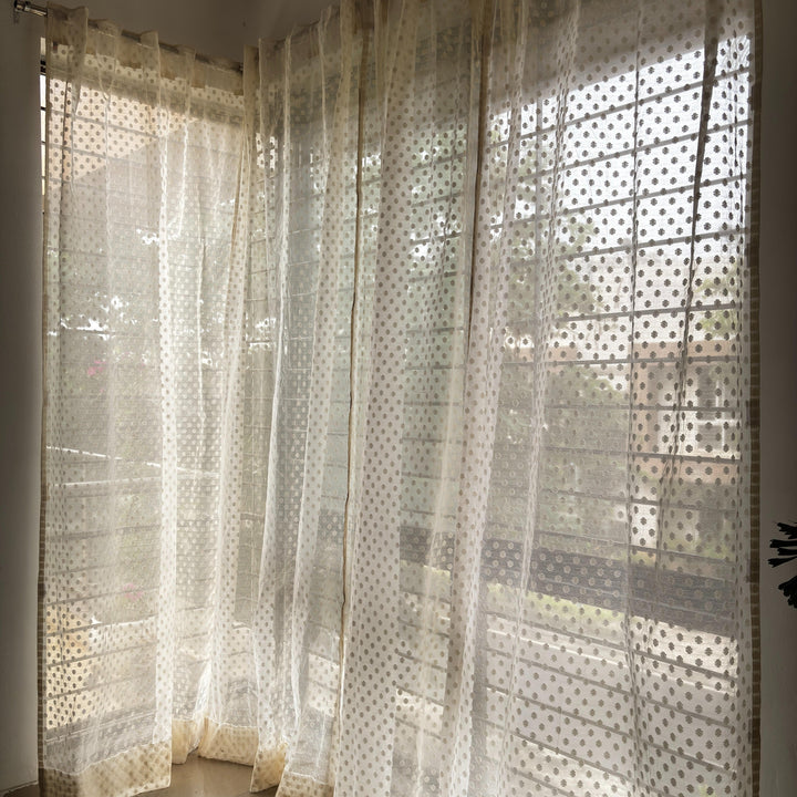 Off-White Floral Buta Banarsi Curtain-Curtains-House of Ekam