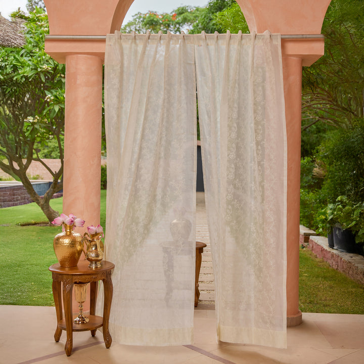 Off White Jharokha Jaal Banarsi Embroidered Cotton Silk Curtain-Curtains-House of Ekam