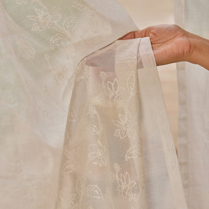 Off White Jharokha Jaal Banarsi Embroidered Cotton Silk Curtain-Curtains-House of Ekam