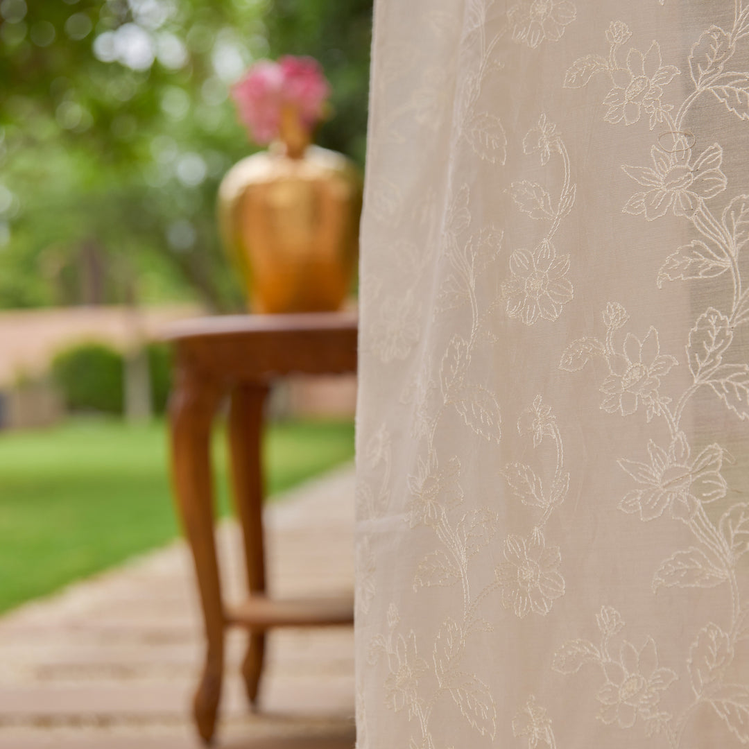 Off White Jharokha Jaal Banarsi Embroidered Cotton Silk Curtain-Curtains-House of Ekam