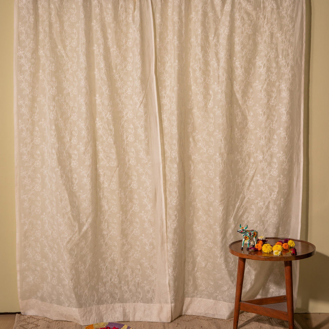 Off White Jharokha Jaal Banarsi Embroidered Cotton Silk Curtain-Curtains-House of Ekam