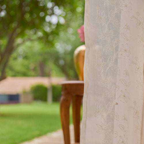 Off White Jharokha Jaal Banarsi Embroidered Cotton Silk Curtain-Curtains-House of Ekam