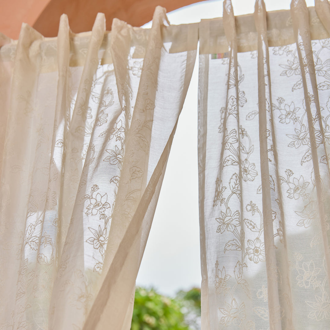 Off White Jharokha Jaal Banarsi Embroidered Cotton Silk Curtain-Curtains-House of Ekam