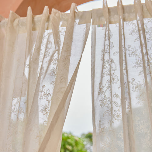 Off White Jharokha Jaal Banarsi Embroidered Cotton Silk Curtain-Curtains-House of Ekam