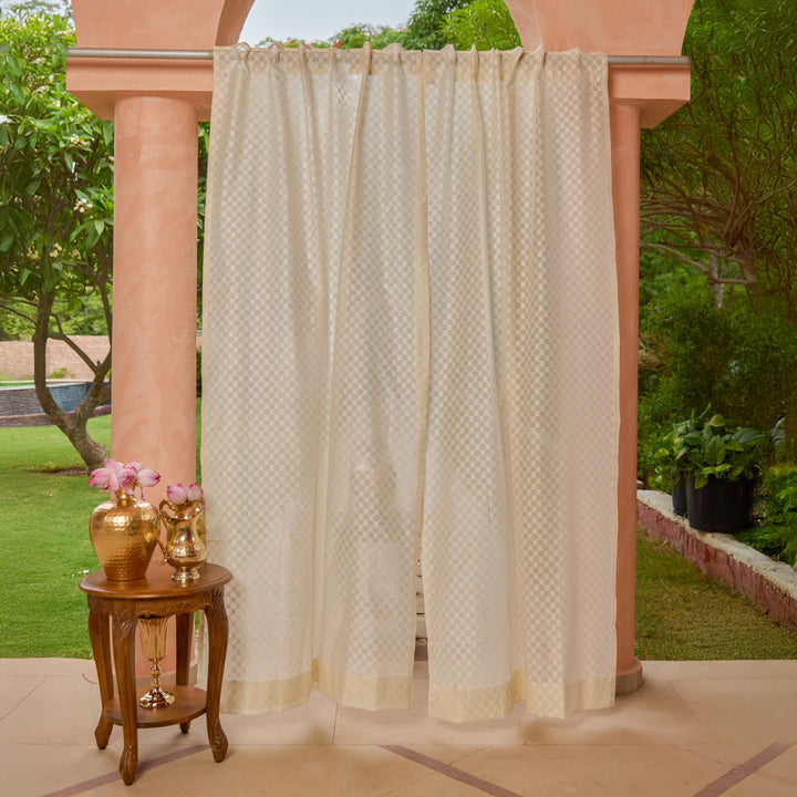 Off-White Juhi Jaal Cotton Silk Banaras Curtain-Curtains-House of Ekam