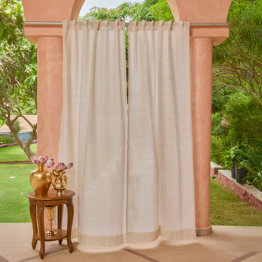 Off-White Mehr Mihrab Floral Cutwork Cotton Banaras Curtain-Curtains-House of Ekam