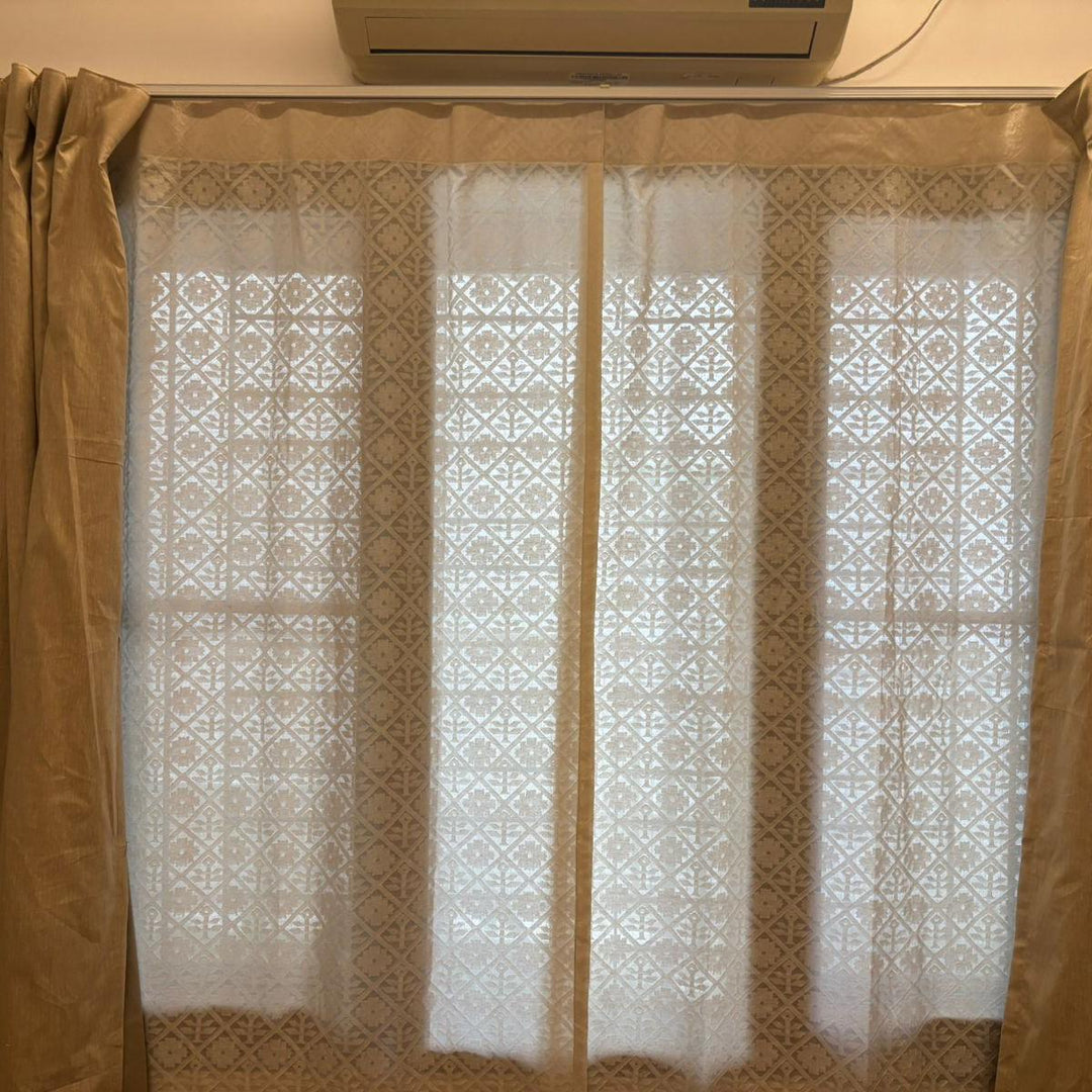 Off-White Mehr Mihrab Floral Cutwork Cotton Banaras Curtain-Curtains-House of Ekam