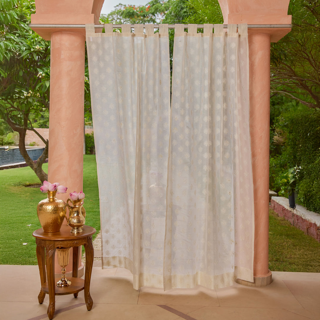 Off White Nargis Buti Banarsi Embroidered Cotton Silk Curtain-Curtains-House of Ekam