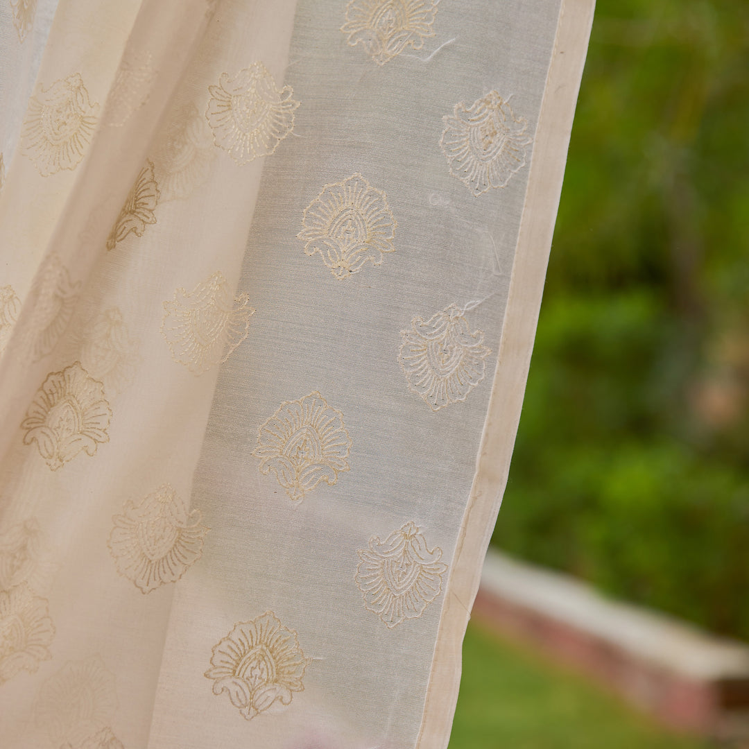 Off White Nargis Buti Banarsi Embroidered Cotton Silk Curtain-Curtains-House of Ekam