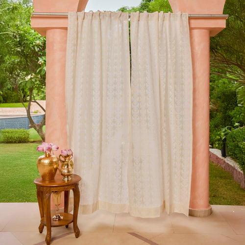 Off-White Paisley Cutwork Cotton Banaras Curtain-Curtains-House of Ekam