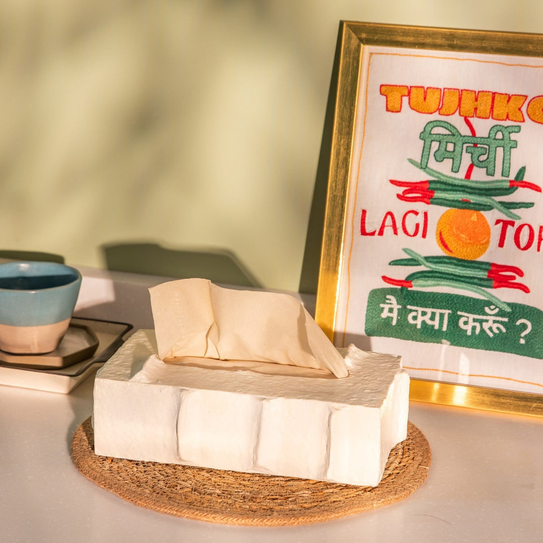 Off White Textured Paper Mache Tissue Box Holder-paper mache-House of Ekam