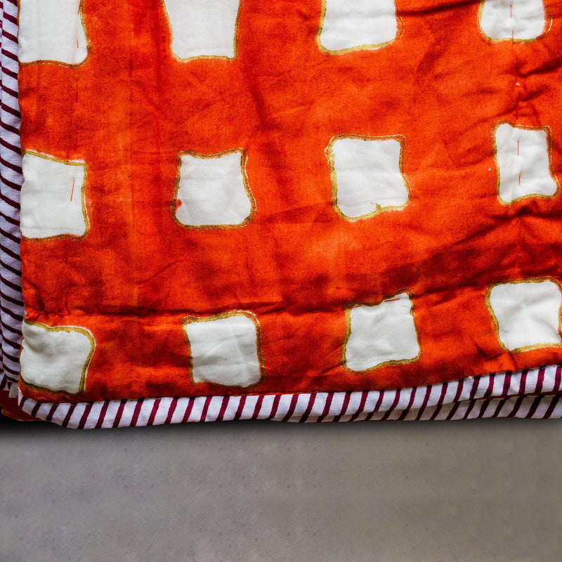 Orange Abstract Double Bed Jaipuri Reversible Quilt Set-Quilt sets-House of Ekam