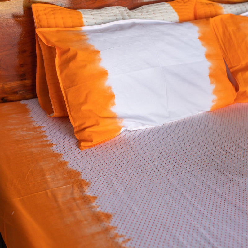 Orange Ombre Polka Double Bed Bedsheet-Bedsheets-House of Ekam