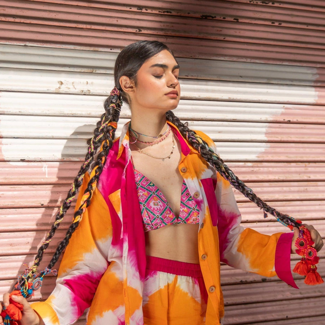Orange &amp; Pink Cotton Silk Tie Dye Shirt-Shirts-House of Ekam