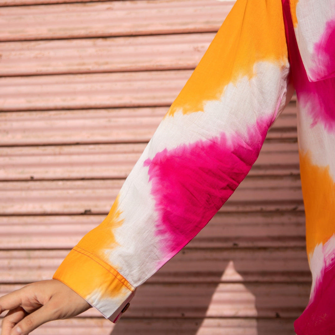 Orange &amp; Pink Cotton Silk Tie Dye Shirt-Shirts-House of Ekam