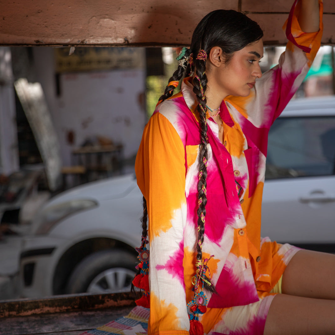 Orange &amp; Pink Cotton Silk Tie Dye Shirt-Shirts-House of Ekam