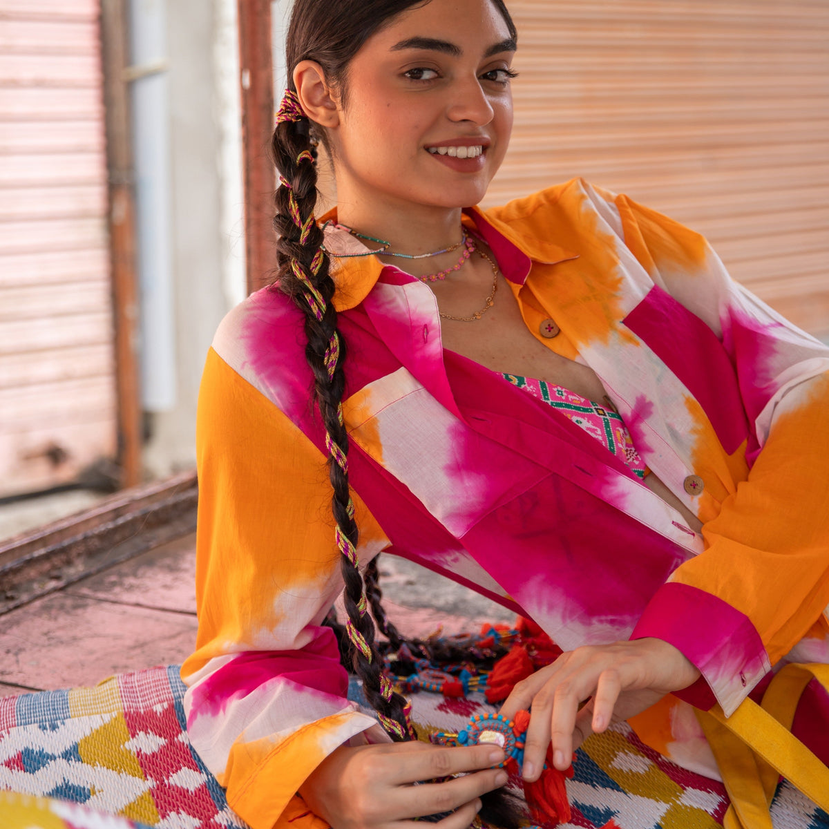 Orange & Pink Cotton Silk Tie Dye Shirt-Shirts-House of Ekam