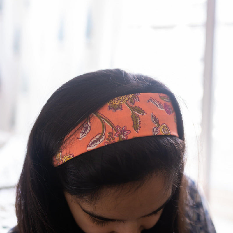 Orange Spring Blockprint Hairband-Women accessories-House of Ekam