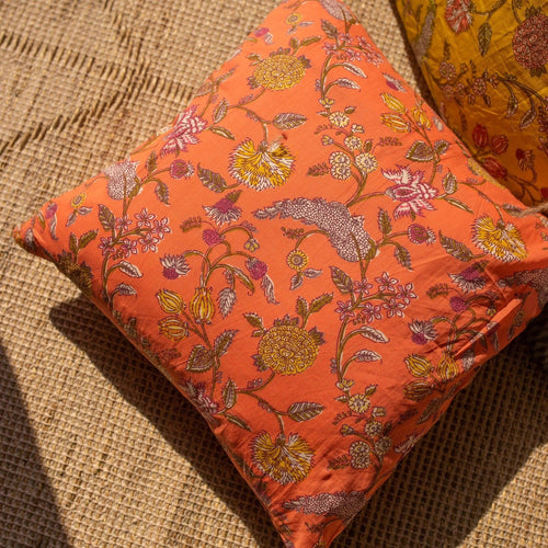 Orange Spring Floral Fields Blockprint Print Cushion Cover-Cushion Covers-House of Ekam