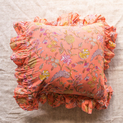 Orange Spring Ruffle Blockprint Print Cushion Cover-Cushion Covers-House of Ekam