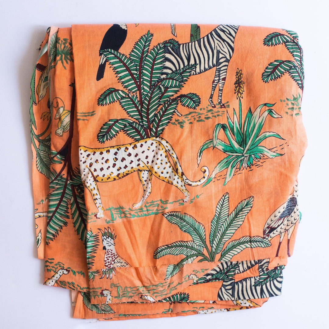 Orange Tropical Safari Hand Screenprinted Cotton Fabric-fabric-House of Ekam