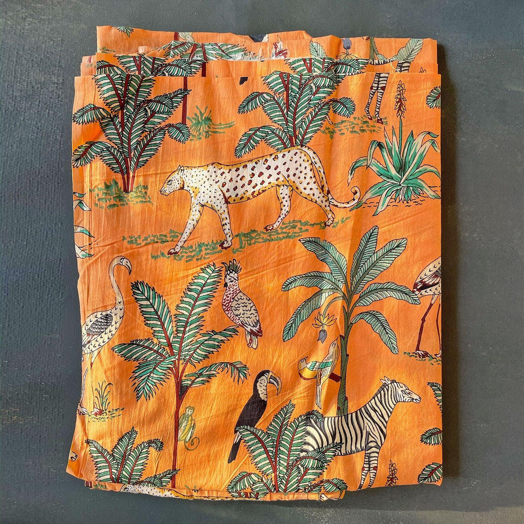 Orange Tropical Safari Hand Screenprinted Cotton Fabric-fabric-House of Ekam