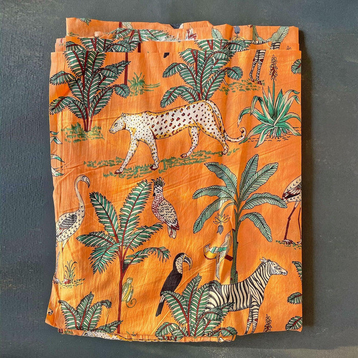 Orange Tropical Safari Hand Screenprinted Cotton Fabric-fabric-House of Ekam